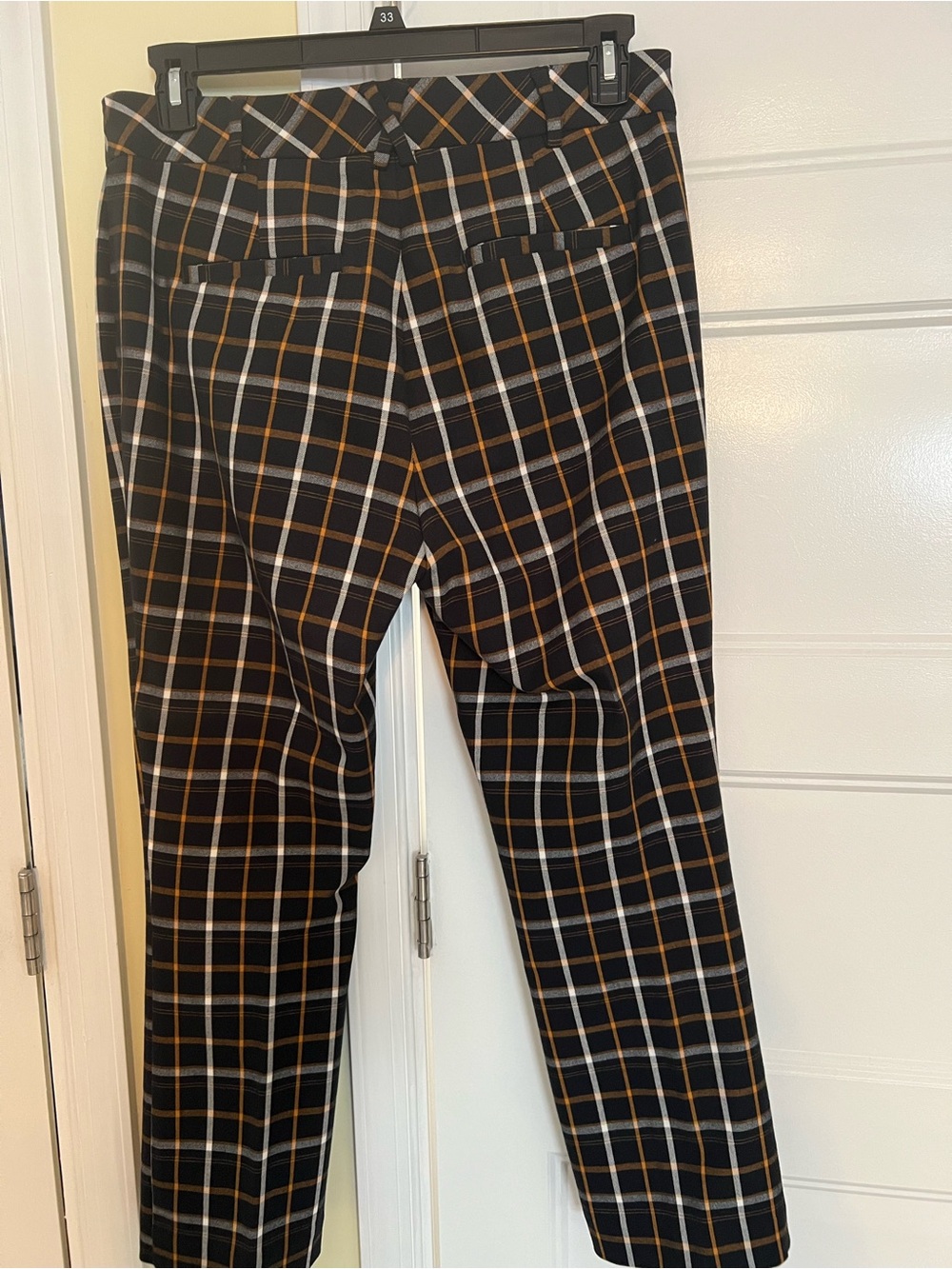 Anthropologie Black Plaid Boot-Cut Pants with Gold & White Windowpane